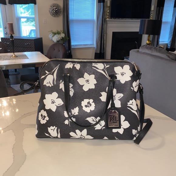 Leather Ralph Lauren RLL Floral White and Black Over the shoulder Handbag - Picture 1 of 5